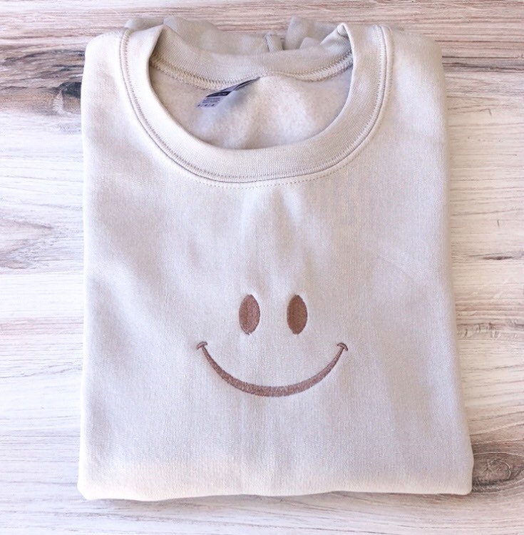 Discover Smiley Face Sweatshirt, Simple Crewneck, Embroidered Sweatshirt