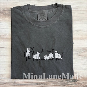Cat Comfort Colors Tee, Halloween Embroidered Tee, Fall T-Shirt, Spooky Season, Embroidered Tee, Cat Ghost Embroidered Shirt, Spooky Shirt