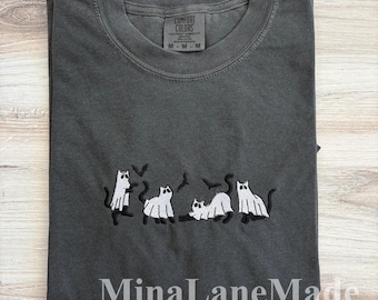 Cat Comfort Colors Tee, Halloween Embroidered Tee, Fall T-Shirt, Spooky Season, Embroidered Tee, Cat Ghost Embroidered Shirt, Spooky Shirt