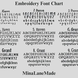 May include: Embroidery font chart with nine different font styles labeled Haven and Grant. Each font style shows the alphabet in uppercase and lowercase letters.