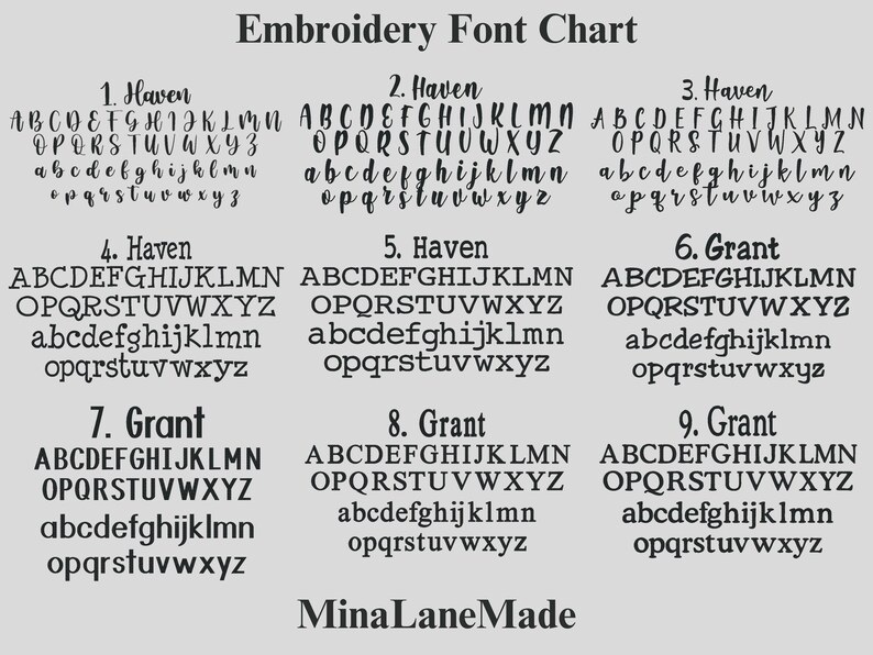 May include: Embroidery font chart with nine different font styles labeled Haven and Grant. Each font style shows the alphabet in uppercase and lowercase letters.