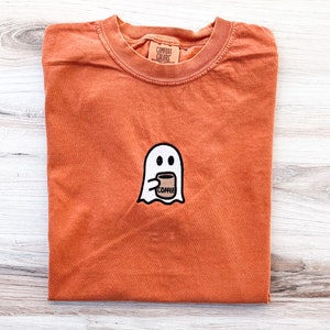 Ghost Comfort Colors Tee, Ghost With Coffee  Embroidered Tee, Fall T-Shirt, Spooky Season, Halloween Embroidered Shirt, Spooky Shirt