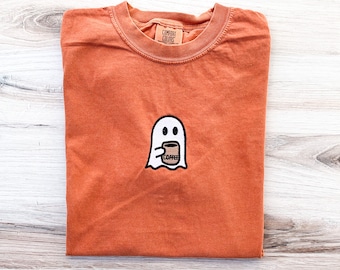 Ghost Comfort Colors Tee, Ghost With Coffee  Embroidered Tee, Fall T-Shirt, Spooky Season, Halloween Embroidered Shirt, Spooky Shirt