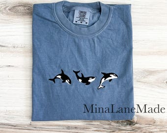 Whale Embroidered Comfort Colors Tee, Animal Shirt, Embroidered Orca T-Shirt, Ocean Lover Shirt, Cute Whale Tee, Nautical Embroidered Shirt