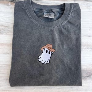 Cowboy Ghost Comfort Colors Tee, Halloween Embroidered Tee, Fall T-Shirt, Spooky Season Shirt, Embroidered Tee, Western Ghost Shirt, Cowboy
