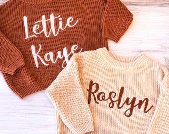 Personalized Embroidered Baby and Toddler Sweater, Embroidered Oversized Chunky Kids Sweater, Baby Name Announcement, Baby Shower Gift