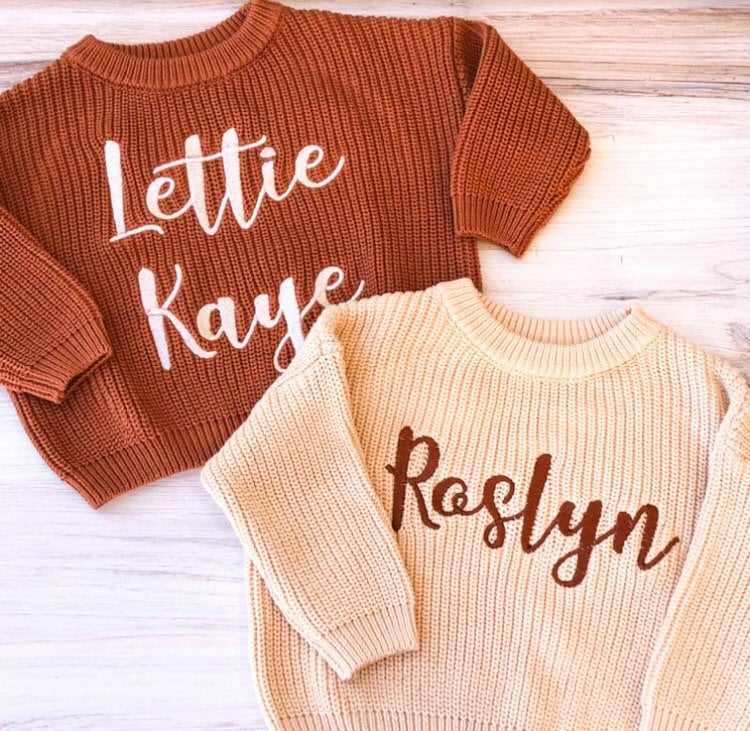 Personalized Embroidered Baby and Toddler Sweater, Embroidered Oversized Chunky Kids Sweater, Baby Name Announcement, Baby Shower Gift
