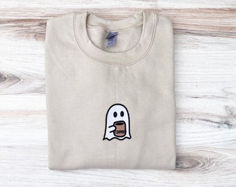 Sudadera fantasma de café, fantasma bordado con cuello redondo de café, sudadera bordada de Halloween, cuello redondo de otoño, sudadera de temporada espeluznante