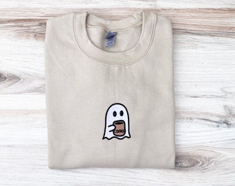 Coffee Ghost Sweatshirt, Embroidered Ghost With Coffee Crewneck, Halloween Embroidered Sweatshirt, Fall Crewneck, Spooky Season Sweatshirt