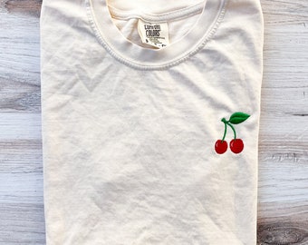 Cherry Embroidered Comfort Colors Tee, Cherries Shirt, Summer T-Shirt, Embroidered Tee, Embroidered Shirt, Custom Shirt, Cute Cherries Tee