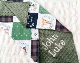 Personalized Baby Boy Blanket, Animal Blanket, Woodland Baby Blanket, Minky Blanket, Monogrammed Baby Blanket, Baby Shower Gift, Green