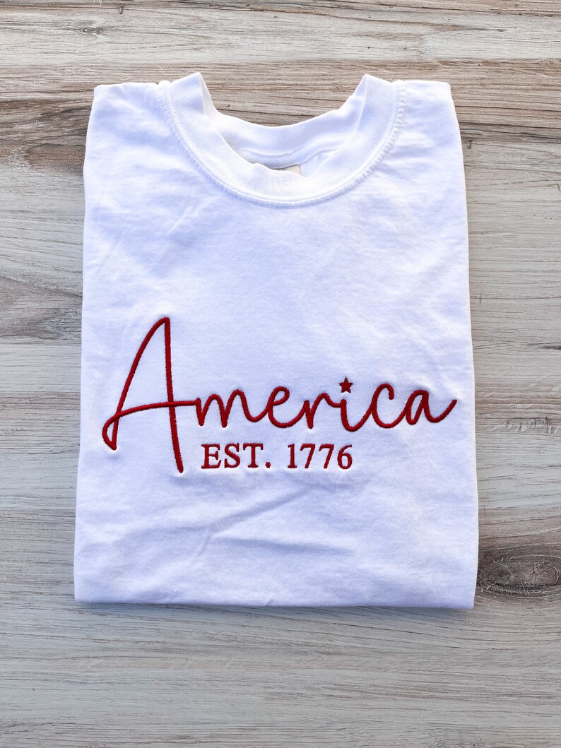 America Comfort Colors Tee, USA Shirt, 4th Of July T-Shirt, Embroidered Tee, Embroidered Shirt, Custom Shirt, Summer Shirt, Custom Tee, Cute image 1