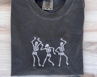 Skeleton Dancing Comfort Colors Tee, Pumpkin Tee, Halloween Tee, Fall T-Shirt, Spooky Season, Embroidered Tee, Embroidered Shirt, Spooky Tee