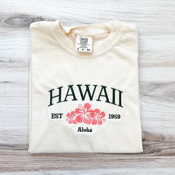 Hawaii Comfort Colors Tee, Tropical Shirt, Rainbow T-Shirt, Honolulu Embroidered Tee, Embroidered Shirt, Beach Bum Shirt, Retro Beach Shirt