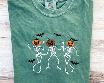 Skeleton Dancing Comfort Colors Tee, Pumpkin Embroidered Tee, Fall T-Shirt, Spooky Season, Embroidered Tee, Embroidered Shirt, Custom Shirt