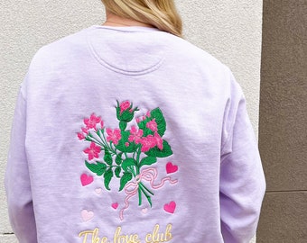 The Love Club Embroidered Comfort Colors Sweatshirt, Flowers Crewneck, Embroidered Crewneck, Valentine’s Day Crew, Heart Sweatshirt, Pink