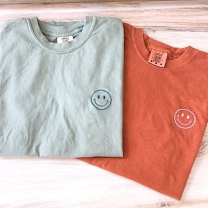 Happy Face Comfort Colors Tee, Smile Shirt, Happy T-Shirt, Embroidered Tee, Embroidered Shirt, Custom Shirt, Retro Happy Face Shirt image 1