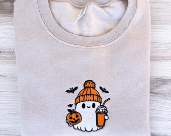 Sudadera fantasma de café, fantasma bordado con cuello redondo de café, sudadera bordada de Halloween, cuello redondo de otoño, sudadera de temporada espeluznante