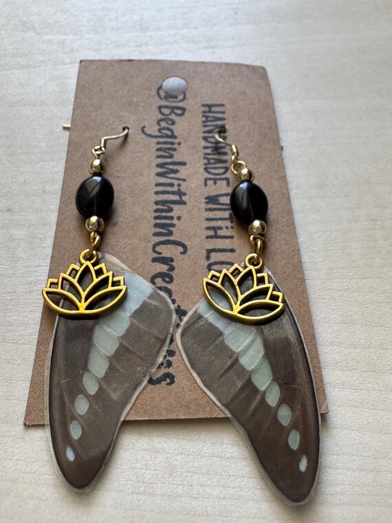 Real Butterfly Wing Earrings With Lotus Charm Ethical Jewelry