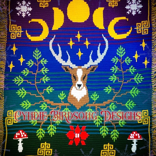 MODÈLE PDF - Couverture magique du solstice d’hiver - thème nature cottagecore, goblincore, avec champignons, cerfs, phases de lune, flocons de neige, pour Noël