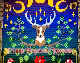 PDF PATTERN - Winter Solstice Magic blanket - cottagecore nature theme, goblincore, with mushrooms, deer, moon phases, snowflakes, for yule