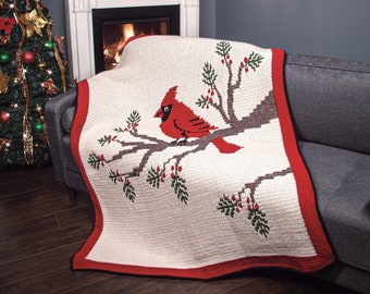 PDF PATTERN - Cardinal Forest overlay mosaic blanket, for cozy winter projects, Christmas gifts, throw size, nature themed, with 3D stitches