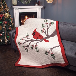 PDF PATTERN - Cardinal Forest overlay mosaic blanket, for cozy winter projects, Christmas gifts, throw size, nature themed, with 3D stitches