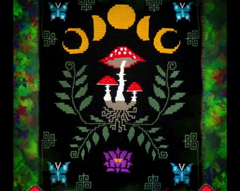 PDF PATTERN - Dark Botanical Vibes blanket - cottagecore nature theme, goblincore, with mushrooms, butterflies, moon phases, throw size