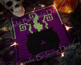 PDF PATTERN - "Halloween - Creepy Cauldron" Mosaic Crochet Square for trick or treat bags, placemats, witch decor, wall hangings, creepy