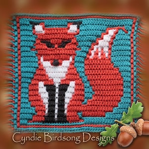 Puede incluir: Un cuadrado tejido a crochet con un zorro rojo con el pecho blanco y las patas negras, sobre un fondo turquesa. El zorro está rodeado por un borde de hilo rojo y turquesa.