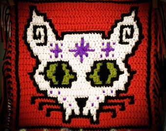 PDF PATTERN - "Halloween - Sugar Cat Skull" Mosaic Crochet Square for trick-or-treat decor & bags, witchy theme, spooky, goth, day of dead