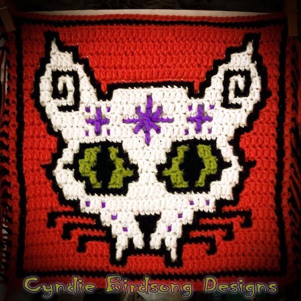 PDF PATTERN - "Halloween - Sugar Cat Skull" Mosaic Crochet Square pour la décoration et les sacs de bonbons, thème witchy, effrayant, goth, jour des morts