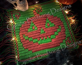 PDF PATTERN - "Halloween - Jacko McPumpkin" Jack-o-lantern Pumpkin Mosaic Crochet Square for trick-or-treat decor & bags, witchy theme,
