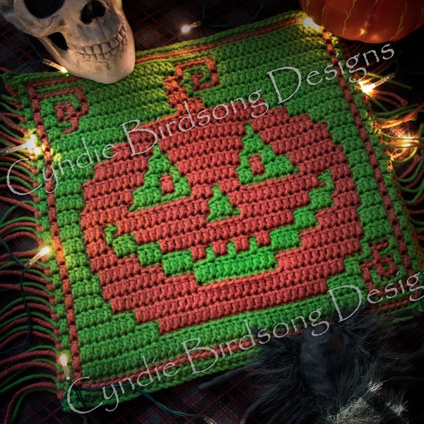 PDF PATTERN - "Halloween - Jacko McPumpkin" Jack-o-lantern Pumpkin Mosaic Crochet Square for trick-or-treat decor & bags, witchy theme,