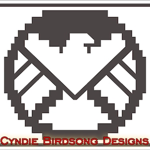 May include: A black and white pixelated image of the S.H.I.E.L.D. logo, a stylized eagle with wings spread wide, inside a circle.