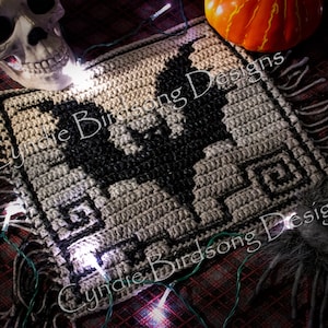 PDF PATTERN - &quot;Halloween - Buffy the Bat&quot; Mosaic Crochet Square, for trick-or-treat decor & bags, witchy theme, spooky, goth