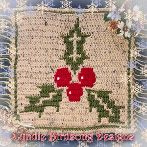 PDF PATTERN - Jolly Holly & Berries overlay mosaic square for Winter and Xmas decor, tote bags, placemats, block afghans, holiday gifts