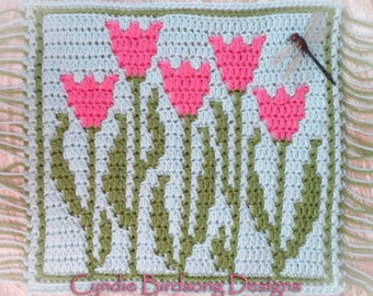 PDF PATTERN - "Tranquil Tulips" Mosaic Crochet Square - flowers, spring, Mother's Day, Pillows, Placemats, block afghan, wedding, Easter