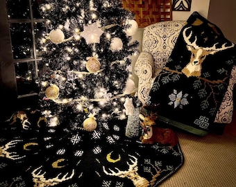 PDF PATTERN - Winter Solstice Holiday Tree Skirt featuring beautiful Deer, snowflakes, crescent moon n stars - for under the Christmas tree