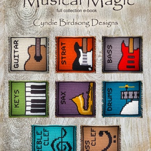 May include: A collection of crochet squares featuring musical instruments and symbols. The squares are in various colors, including green, orange, purple, blue, and brown. The instruments include a guitar, a saxophone, a drum set, a piano, and a bass guitar. The symbols include a treble clef and a bass clef.