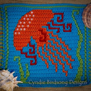 PDF PATTERN - "Awesome Ocean - Jellyfish"  Mosaic Crochet Square, pillow, table runner, wall hanging, block afghan, birthday gift idea