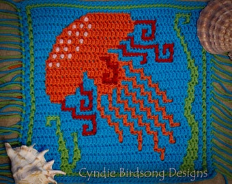 PDF PATTERN - "Awesome Ocean - Jellyfish"  Mosaic Crochet Square, pillow, table runner, wall hanging, block afghan, birthday gift idea