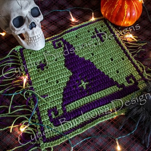 PDF PATTERN - &quot;Halloween - Witchy Wizard Hat&quot; Mosaic Crochet Square for trick-or-treat decor & bags, witchy theme, spooky, goth