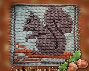 Könnte beinhalten: Ein gehäkeltes Quadrat mit einem grauen Eichhörnchen, das auf einem Ast sitzt. Der Hintergrund ist hellblau mit einem braunen Rand. Das Bild enthält den Text "Cynie Birdsong Designs".