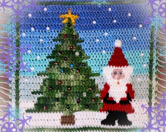 PDF PATTERN - Santa & the Christmas Tree - overlay mosaic square for holiday pillows, placemats, tote bags, wall hangings, north pole gifts