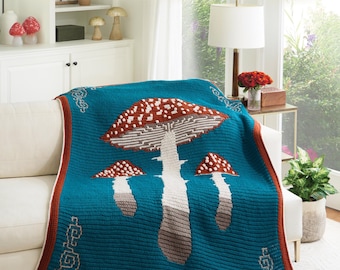 PDF PATTERN - Mushroom Magic overlay mosaic crochet blanket - cottagecore nature theme, fall equinox, 70s vibe, Mabon, cozy crochet throw