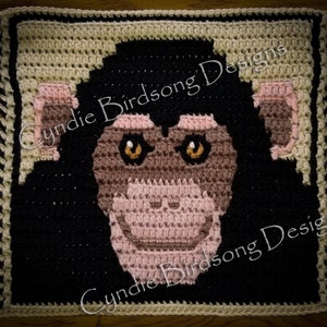 Könnte beinhalten: Gehäkeltes Quadrat mit einem Schimpansen-Gesicht. Das Gesicht des Affen ist braun, beige und rosa, mit Schwarz um Augen und Mund. Der Hintergrund ist schwarz, und der Rand ist beige mit Fransen. Text: "Cyndie Birdsong Designs".