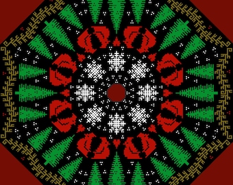 PDF PATTERN - Christmas Woods Holiday Tree Skirt featuring branches, pine trees, cardinals, and snowflakes - for under the Christmas tree
