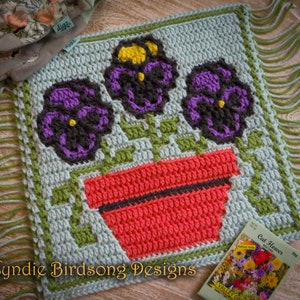 PDF PATTERN - &quot;Flower Power series - Pretty Pansies&quot; Mosaic Crochet Square - great Mother&#39;s Day gift! Pillows, Placemats, spring, equinox