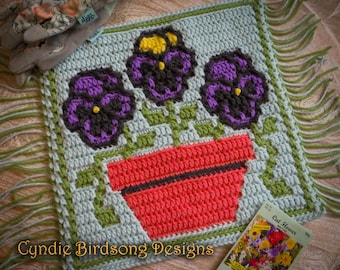 PDF PATTERN - "Flower Power series - Pretty Pansies" Mosaic Crochet Square - great Mother's Day gift! Pillows, Placemats, spring, equinox